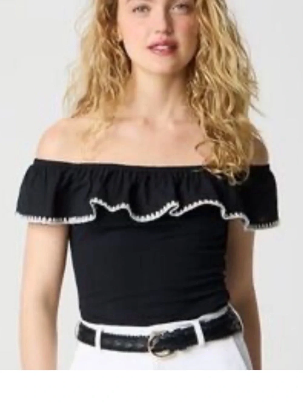 J. Crew Black Off-Shoulder Ruffle Crop Top with White Trim
